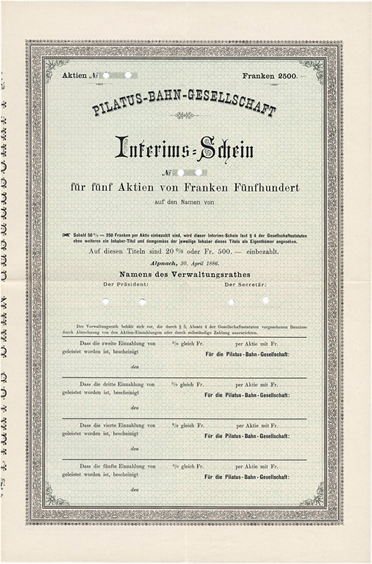 Pilatus-Bahn-Gesellschaft, Alpnach 1886, Interims-Schein